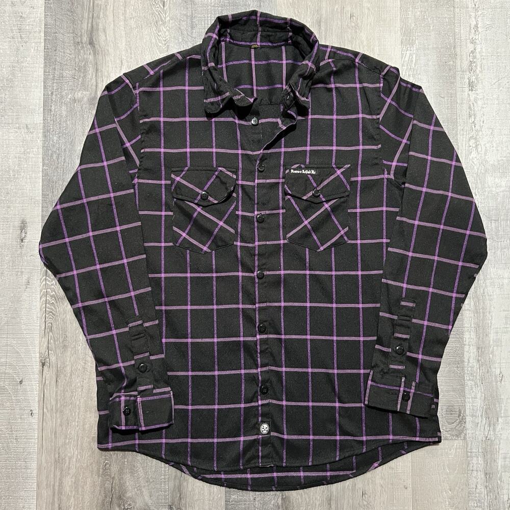 Demons Behind Me Flannel Button Up Shirt Black Purple Plaid Skull Patch Sz 2XL